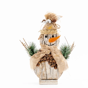 Handcrafted wooden snowman ornament with burlap hat and pine cone details on base