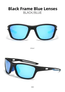Close-up of matte black sports sunglasses with polarized blue reflective lenses