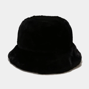 Thick black faux rabbit fur bucket hat with a flat top for winter warmth and style