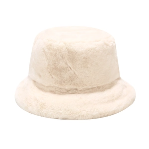 Minimalist beige plush faux fur bucket hat for women in warm retro autumn winter style