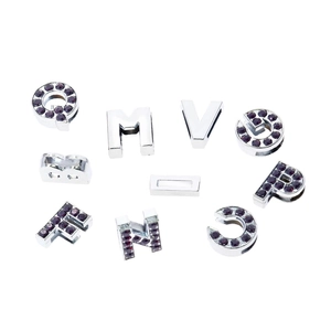 Silver 8mm alloy DIY alphabet beads with purple rhinestones for jewelry and straps