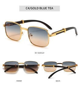 Detail of gold metal rectangle sunglasses with blue tea gradient lenses and metal hinges