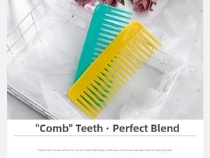 Macro detail of wide-tooth matte hair combs in blue and yellow for scalp massage