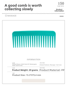 Detail view of rectangular wide-tooth hair comb with dimensions and material specifications