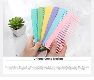 Detailed view of colorful wide-tooth combs for detangling thick hair and scalp massage