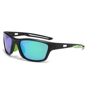 Polarized sports sunglasses with matte black frame and green mirrored lenses for cycling