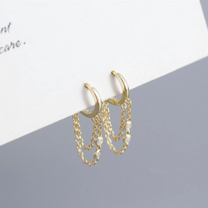 S925 silver gold hoop earrings with sparkling zirconia tassels in geometric design
