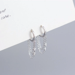 S925 Sterling Silver geometric double chain earrings with sparkling cubic zirconia accents