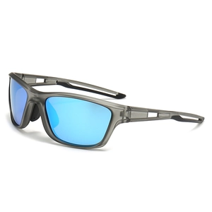Polarized cycling sunglasses with grey transparent frame and blue mirror lenses for sports
