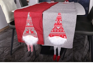 Christmas table runners with 3D faceless gnomes and reindeer embroidery on linen fabric