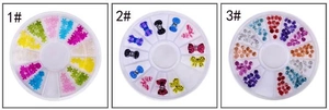 Detailed view of 12-slot round nail art accessory cases with colorful bows and flowers