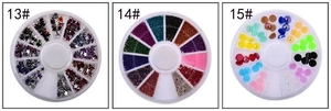 Detailed set of nail art wheels featuring star sequins, micro beads and mixed rhinestones