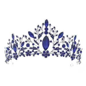 Ornate Baroque silver bridal crown with blue gemstones and crystals for weddings