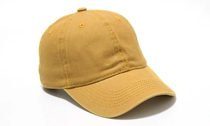 Close-up of mustard yellow baseball cap showing high-quality twill cotton texture and stitching