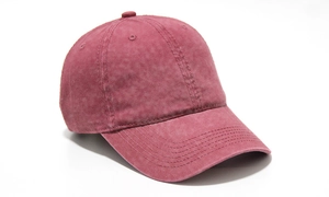 Detail view of washed burgundy cotton baseball cap featuring vintage distressed texture