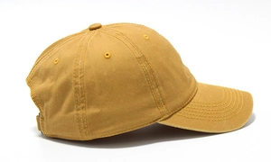 Detail view of khaki washed cotton baseball cap with six-panel design and visible stitching
