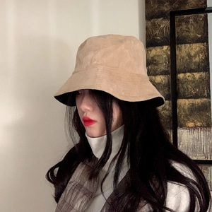 Khaki suede flat-top bucket hat for autumn with a wide brim and deep-fit design