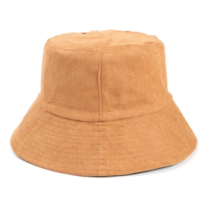 Classic camel faux suede bucket hat with flat top and stitched brim for winter