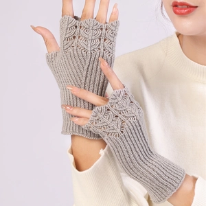 Chic grey knit fingerless gloves with fish scale pattern and stylish ribbing detail
