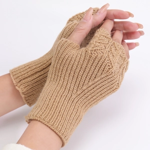 Knitted khaki fingerless gloves with fish scale texture for winter warmth