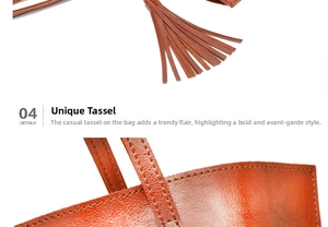Detail showing high-quality brown oil wax leather texture and decorative long fringe