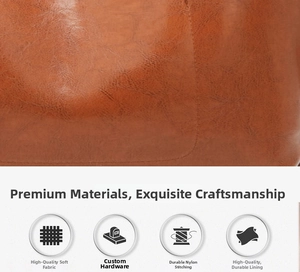 Detail of premium brown oily wax leather texture and durable nylon stitching on bucket bag