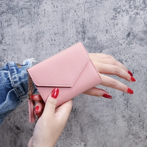 Pink minimalist litchi texture tassel wallet for women with metal chain pendant