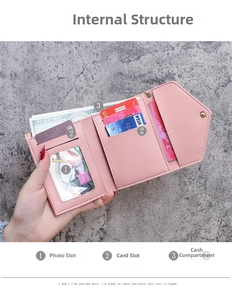 Pink tri-fold wallet interior view with photo slot, card holders and bill compartment