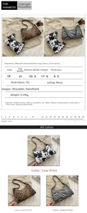 Detailed size chart and material specifications for animal print PU leather baguette bags