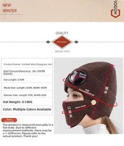 Detail view of coffee knit aviator hat with integrated goggles and mask measurements