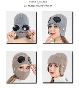 Winter pilot knit hat with goggles showing four different versatile wearing styles