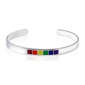 Polished stainless steel C-shaped open bracelet with colorful rainbow enamel inlay