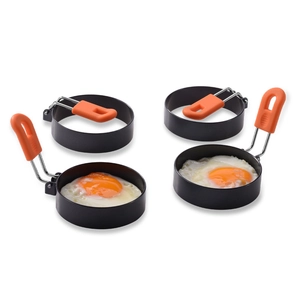 Set of four stainless steel non-stick egg rings with orange silicone handles