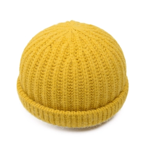 Kids warm winter knit beanie in bright yellow candy color with thick rolled cuff design