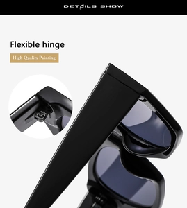 Detail of high quality painting and flexible hinge on black thick frame sunglasses
