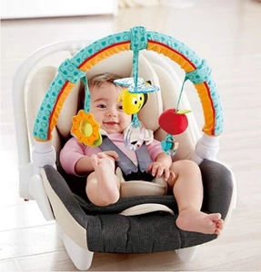 Baby stroller activity arch with colorful hanging sun, bee, and apple sensory toys