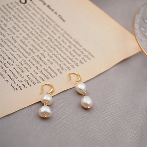 Elegant French style double freshwater pearl drop earrings with golden metal hooks