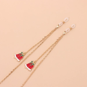 Golden eyewear chain with red enamel Christmas bell pendants and adjustable silicone loops