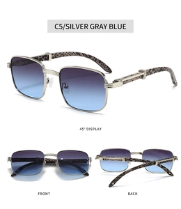 Detailed views of silver square frame sunglasses with leopard print temples and gradient lenses