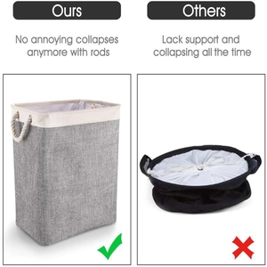 Vertical grey laundry hamper with support rods versus a collapsing generic brand