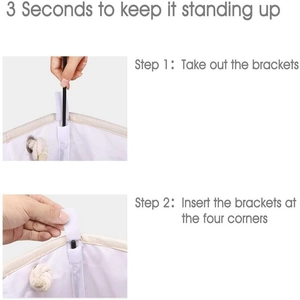Collapsible beige fabric laundry basket with rope handles and assembly guide for easy setup