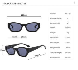 Detailed size chart and specifications for geometric cat-eye sunglasses with dimensions