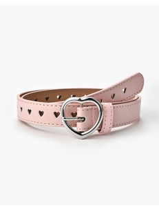 Detail of pink leather belt featuring a heart-shaped buckle and decorative cutouts