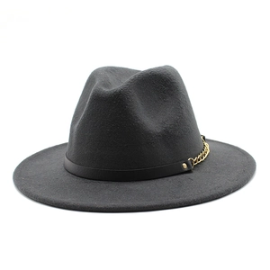 Detail of dark grey wool fedora with black leather band and gold metal chain accent