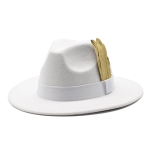 Elegant white wide brim wool fedora hat with gold feather accent and matching band