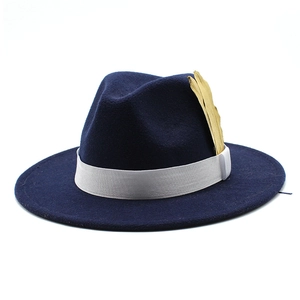 Detail of dark blue fedora hat with white ribbon band and golden feather pin accessory