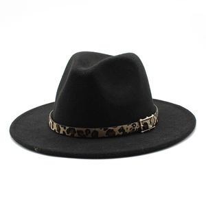 Classic black wool fedora hat with leopard print band and gold buckle on white background