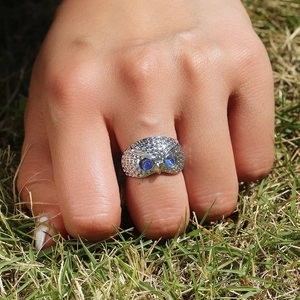 Detailed view of silver owl ring featuring blue gemstone eyes and textured metal feathers