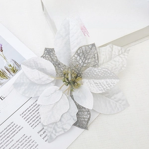 Sparkling silver and white 22cm artificial poinsettia flower for Christmas tree decor