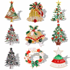 Christmas Brooch Pin Alloy Enamel Rhinestone Tree Wreath Bell Holiday Party Jewelry For Women